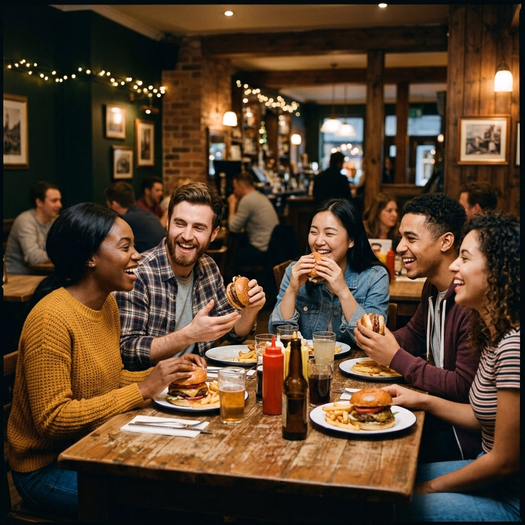 Imagen conceptual de amigos compartiendo hamburguesas para la demo de Pino’s